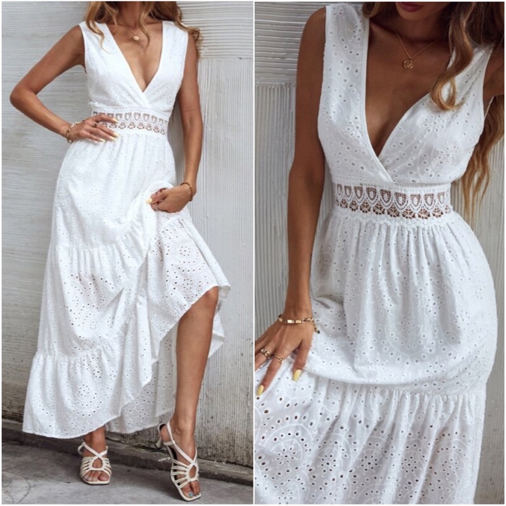 Bohemian White  V neck Floral Eyelet Ruffle Maxi Dress - Picture 3 of 3